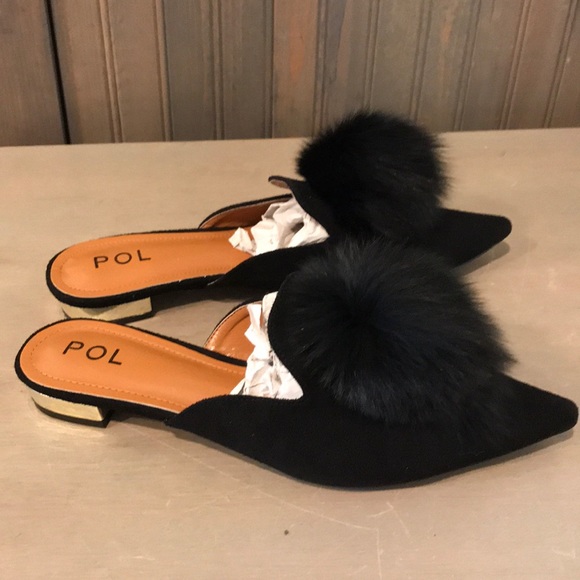 Shoes - NWB Black vegan suede Pom Pom low heel loafer